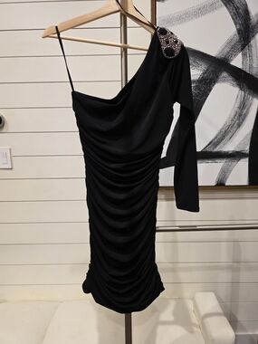 City Triangles Black One-Shoulder Ruched Dress with Embellished Shoulder